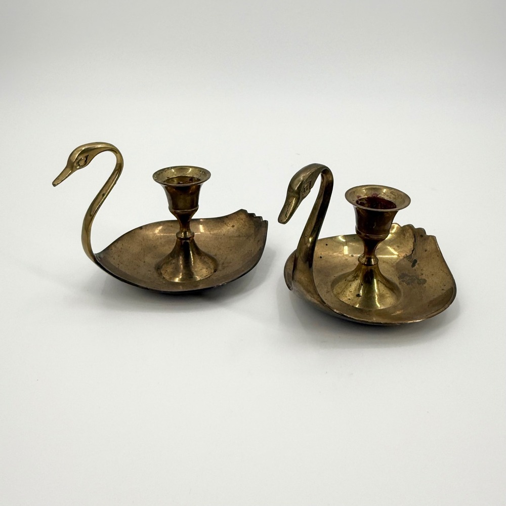 Vintage Brass Swan Decorative Candleholders Set of 2 Candles Not Included - Picture 2 of 10